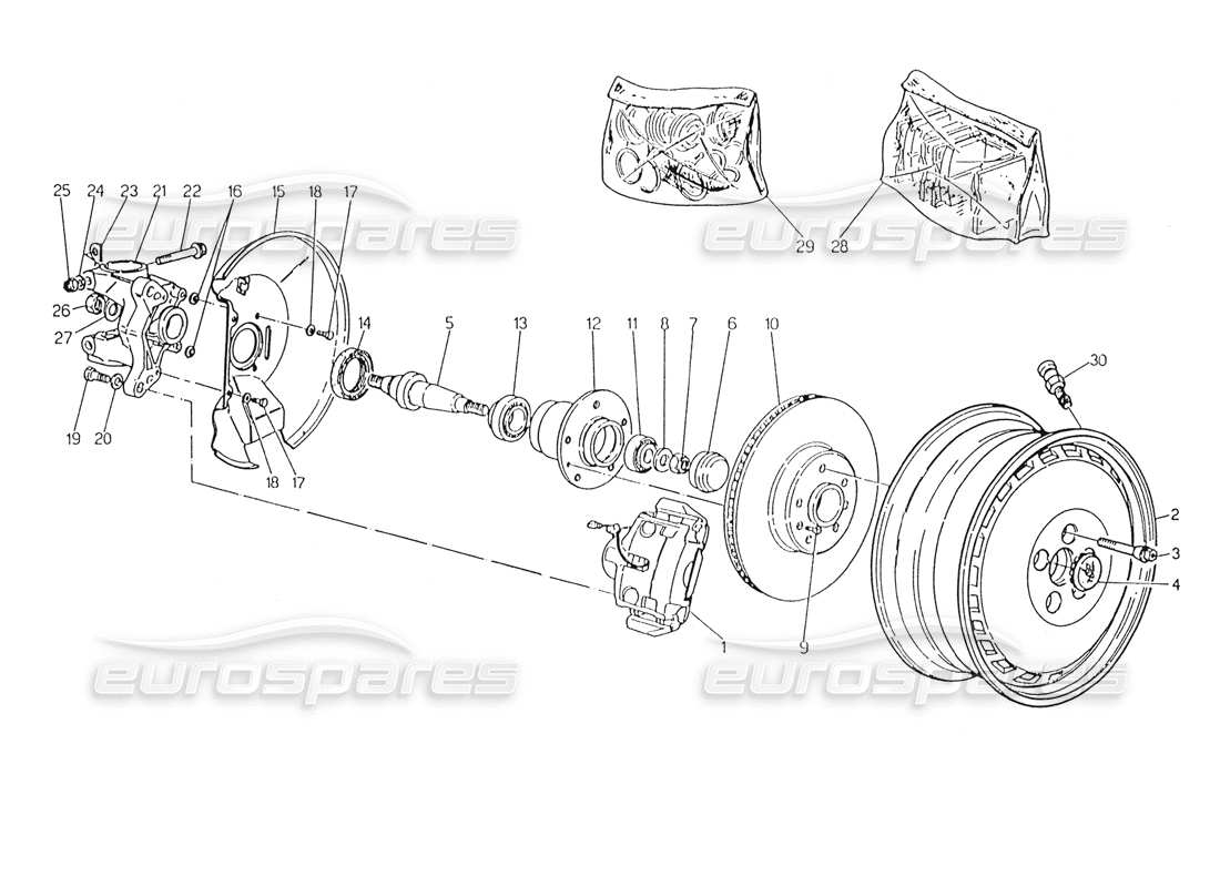 maserati karif 2.8 ruote, mozzi e freni anteriori diagramma delle parti