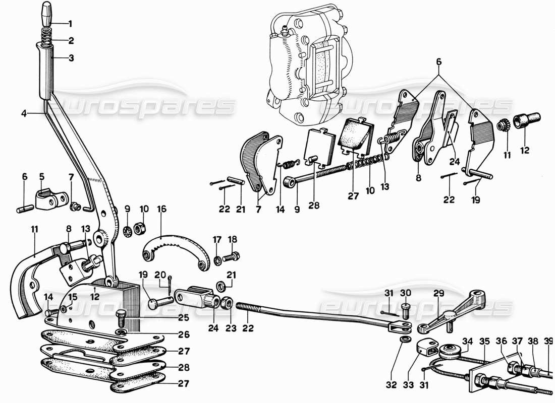 ferrari 365 gt 2+2 (mechanical) diagramma delle parti del controllo del freno a mano