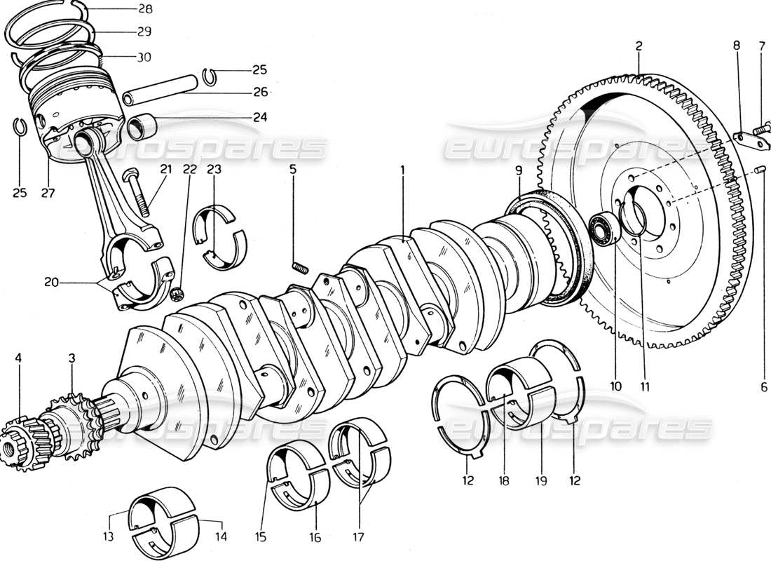 ferrari 365 gt4 2+2 (1973) schema particolare albero motore, bielle e pistoni