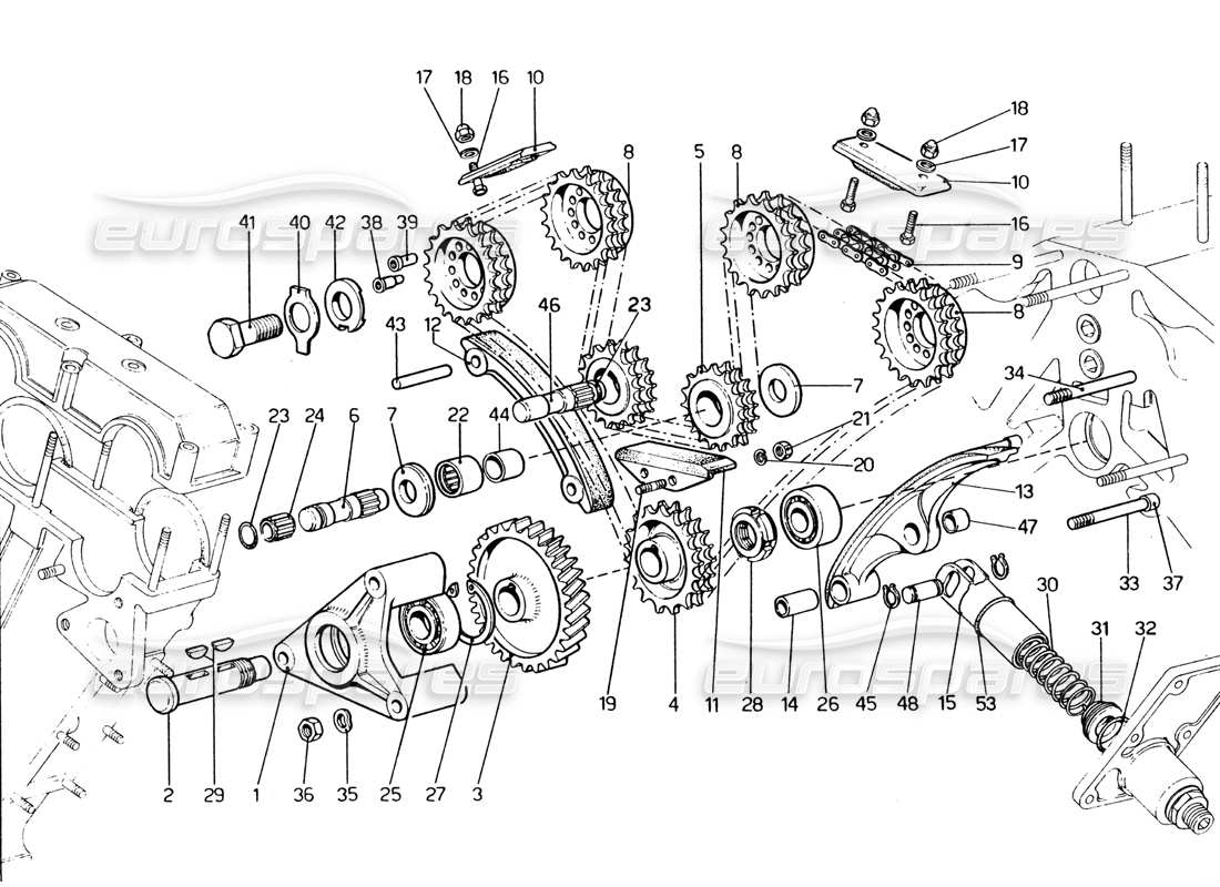 ferrari 365 gt4 2+2 (1973) diagramma delle parti della trasmissione dell'albero a camme