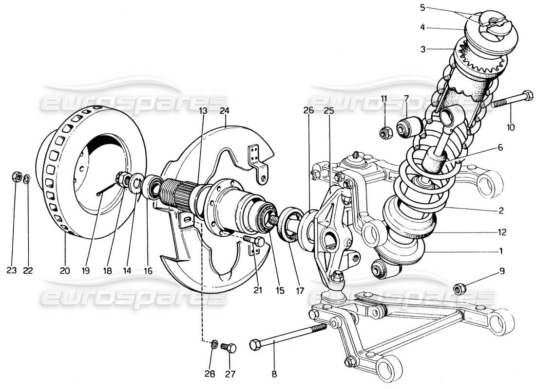 ferrari 365 gt4 2+2 (1973) sospensione anteriore: diagramma delle parti dell'ammortizzatore