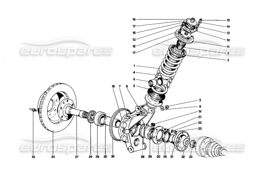 ferrari mondial 3.0 qv (1984) sospensione posteriore - ammortizzatore e disco freno schema parte