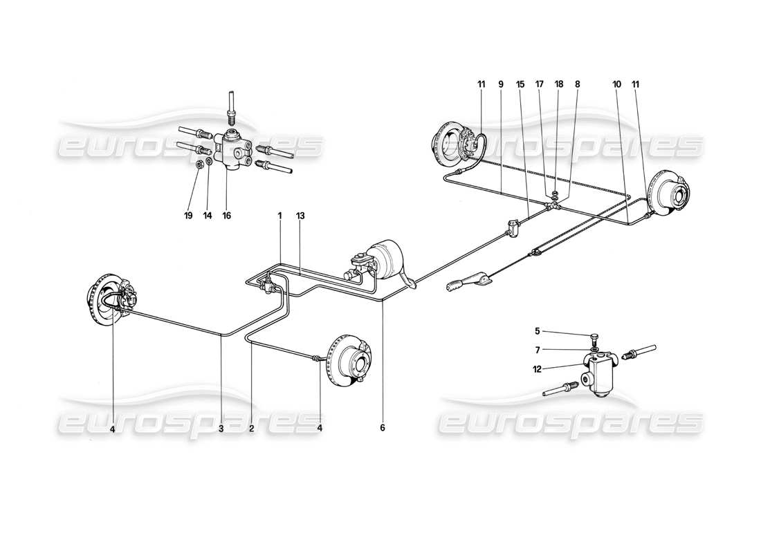ferrari mondial 3.0 qv (1984) schema delle parti del sistema frenante (valido per guida a destra - per guida a sinistra dal telaio n. 43013).