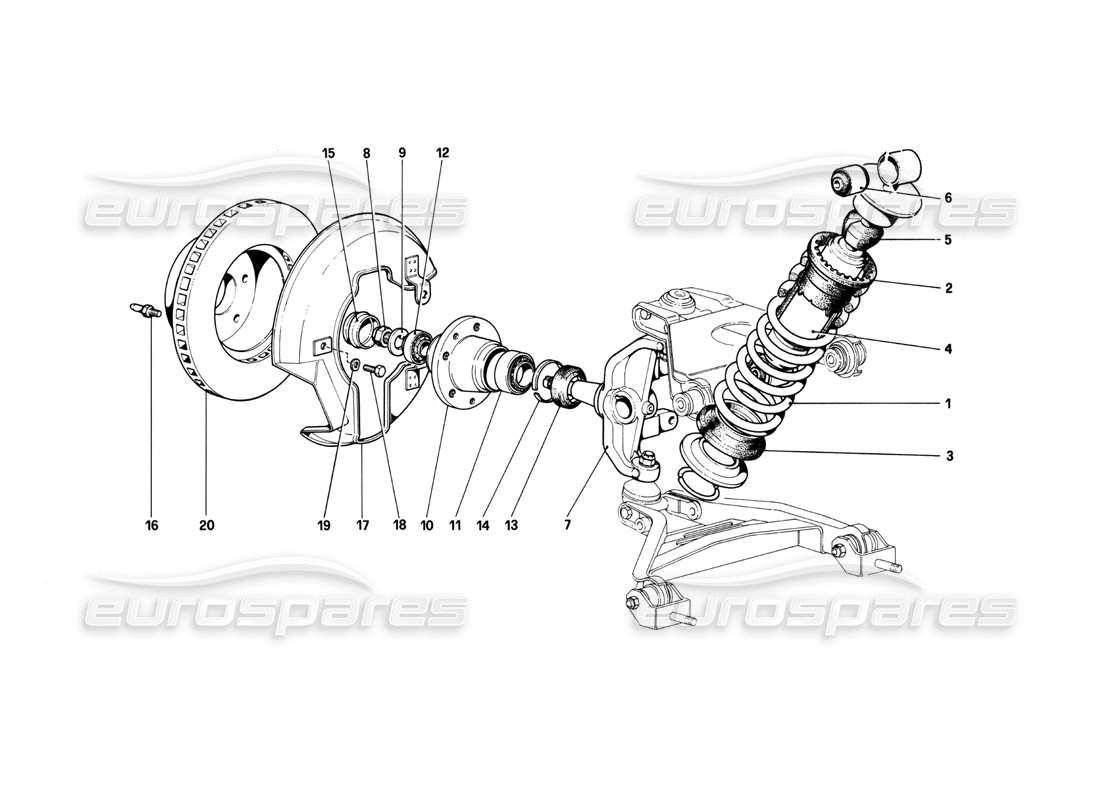 ferrari 208 turbo (1982) sospensione anteriore - ammortizzatore e disco freno schema delle parti