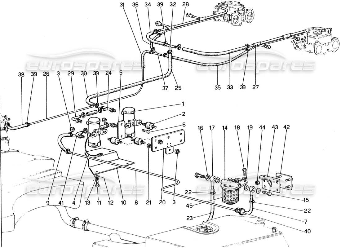 ferrari 365 gt4 2+2 (1973) diagramma delle parti delle pompe del carburante e dei tubi del carburante