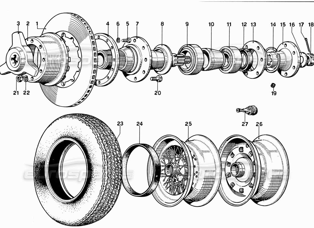 ferrari 365 gt 2+2 (mechanical) schema delle parti del disco freno posteriore e della ruota