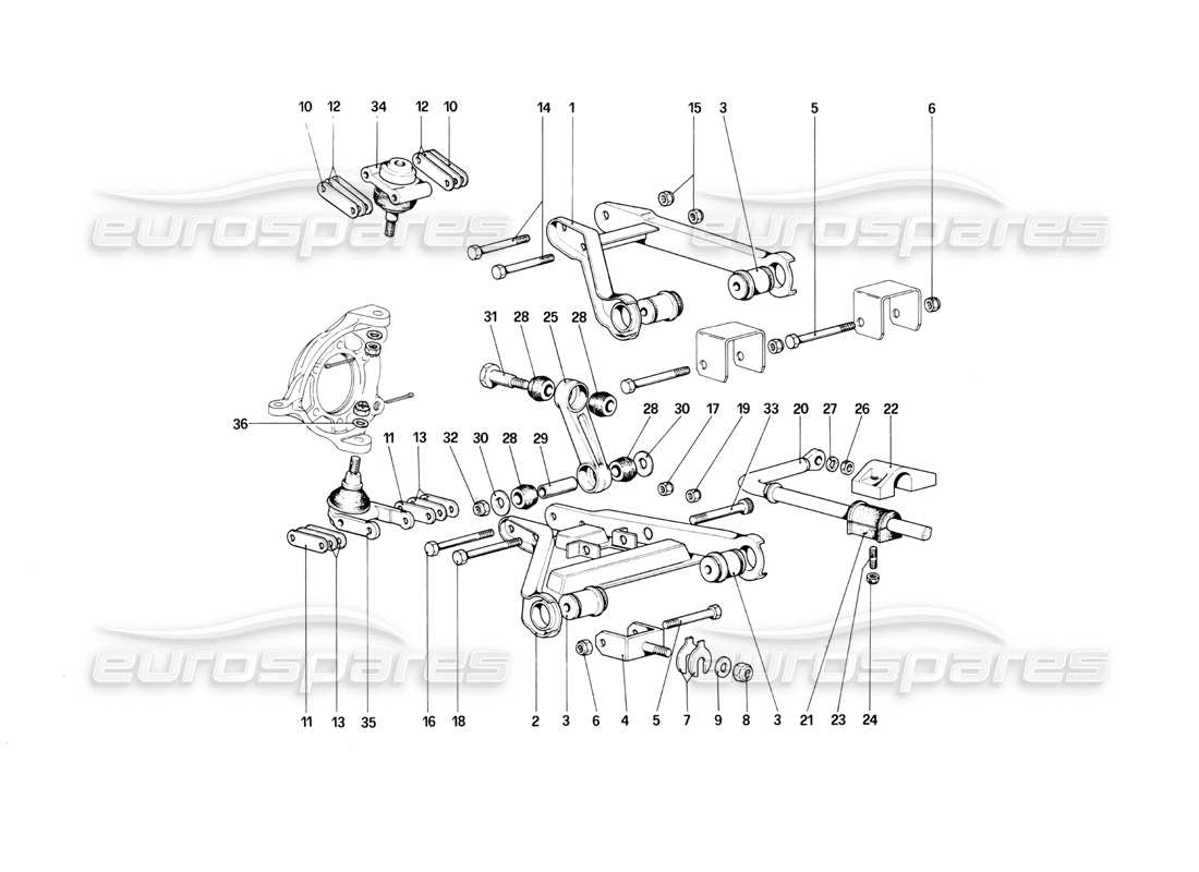 ferrari mondial 3.0 qv (1984) sospensioni anteriori - schema delle parti bracci trasversali