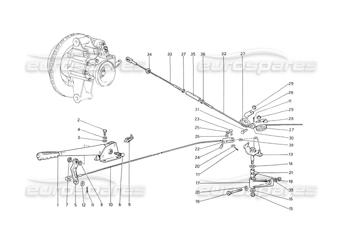 ferrari 208 gt4 dino (1975) diagramma delle parti del controllo del freno a mano