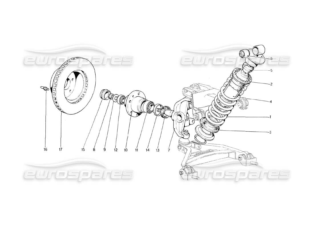 ferrari 208 gt4 dino (1975) sospensione anteriore - ammortizzatore e disco freno schema delle parti