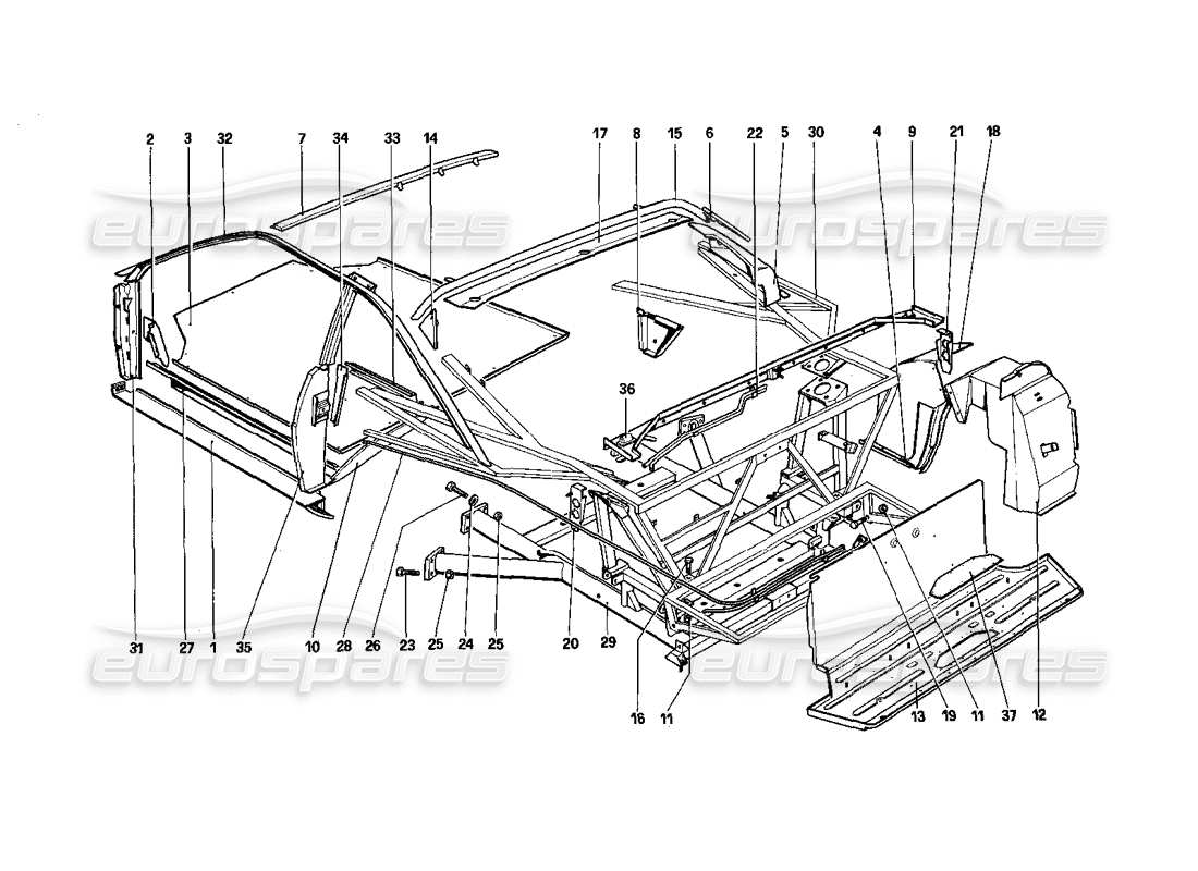 ferrari mondial 3.0 qv (1984) scocca - elementi interni - quattrovalvole diagramma delle parti