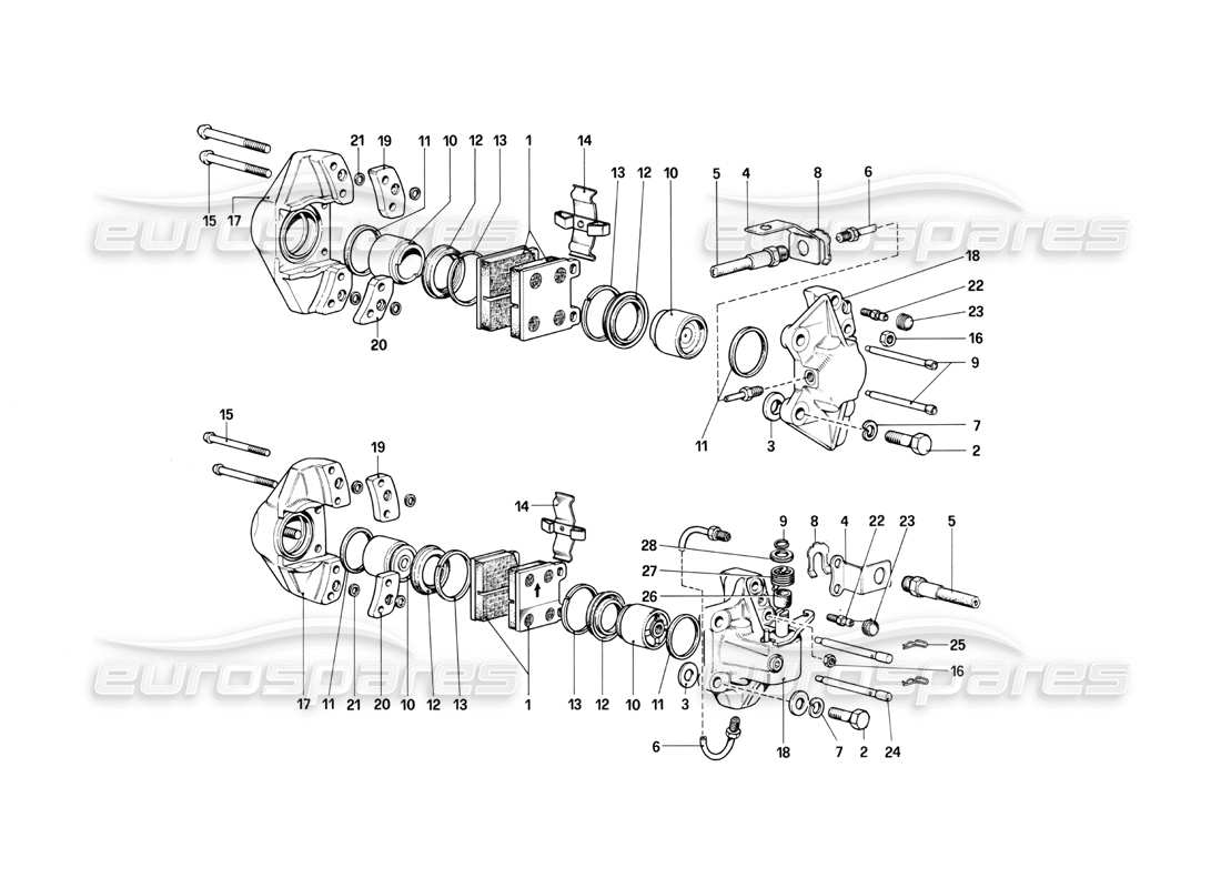 ferrari mondial 3.0 qv (1984) pinze per freni anteriori e posteriori (valide solo per guida a sinistra fino al telaio n. 43011) diagramma delle parti