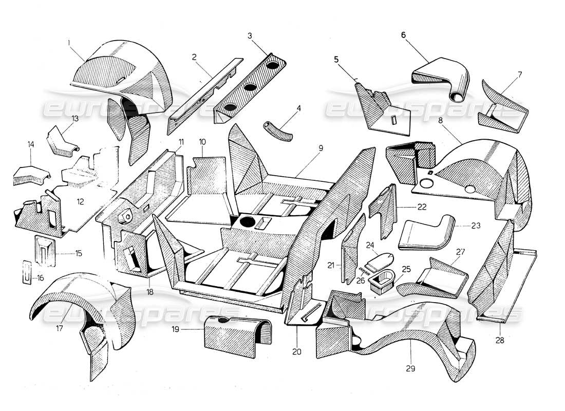lamborghini countach lp400 rivestimento interno in fibra di vetro diagramma delle parti