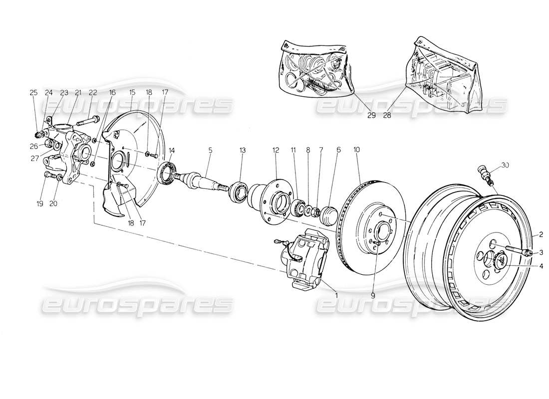 maserati biturbo spider ruote, mozzi e freni anteriori diagramma delle parti