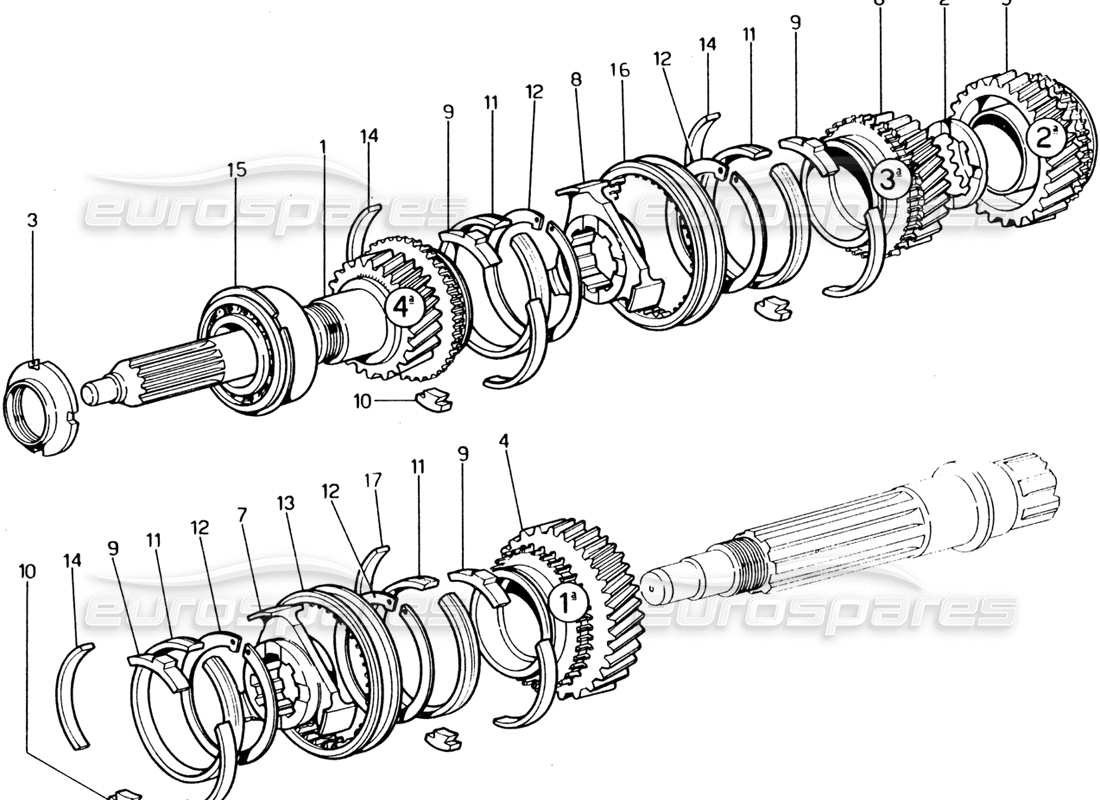 ferrari 365 gt4 2+2 (1973) ingranaggi lay shall (parte anteriore) diagramma delle parti