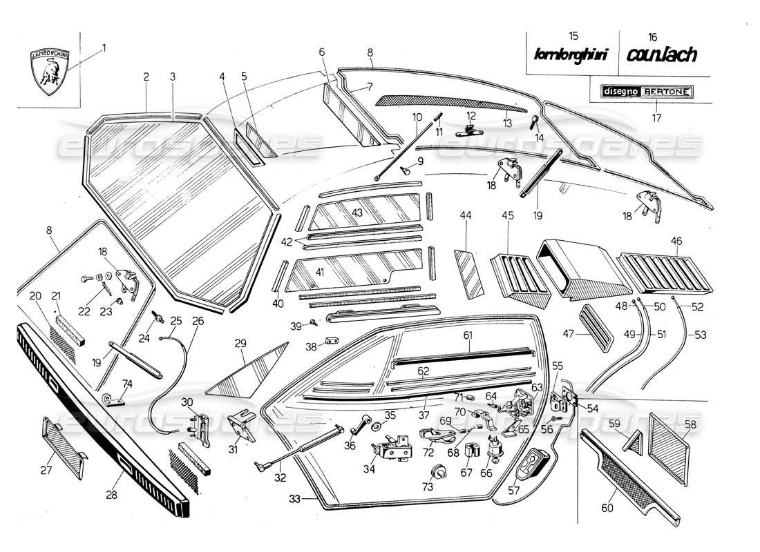 lamborghini countach lp400 vetri, guarnizioni e comandi diagramma delle parti