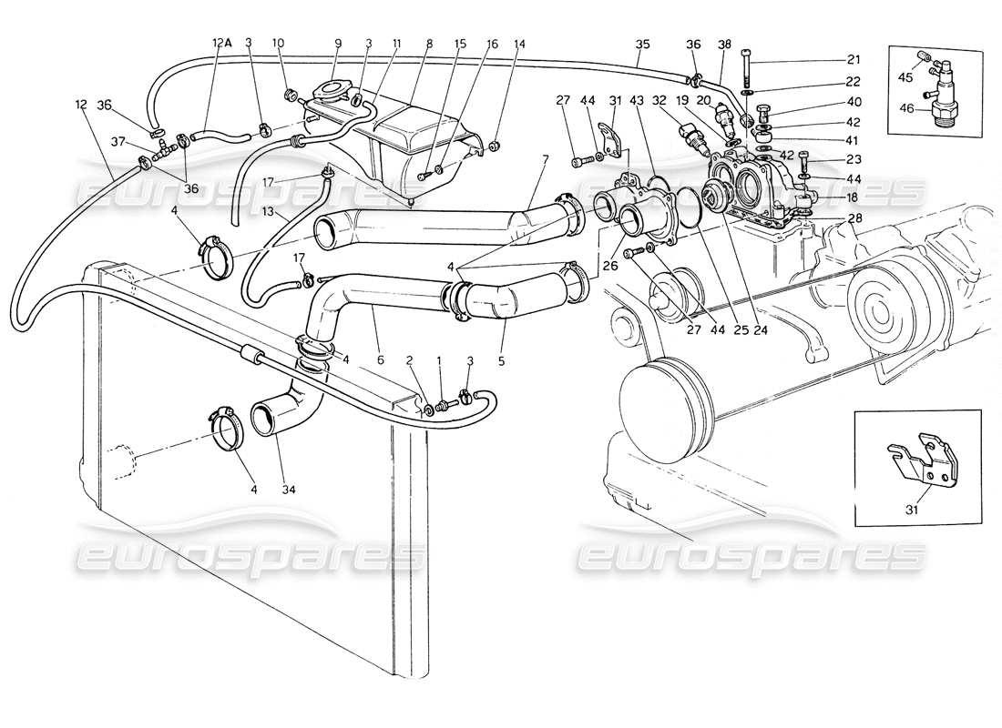 maserati biturbo spider tubi e termostato di raffreddamento del motore diagramma delle parti