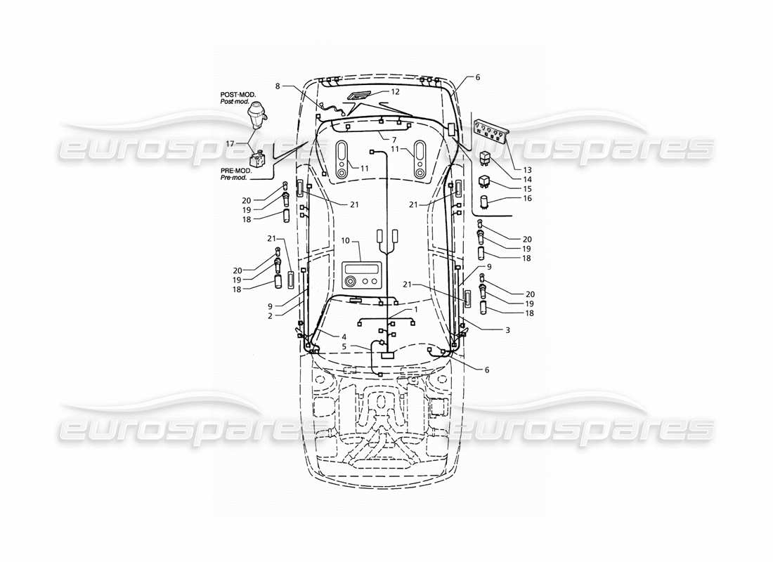 maserati qtp. 3.2 v8 (1999) impianto elettrico: schema delle parti del bagagliaio - porte - abitacolo (guida a sinistra).