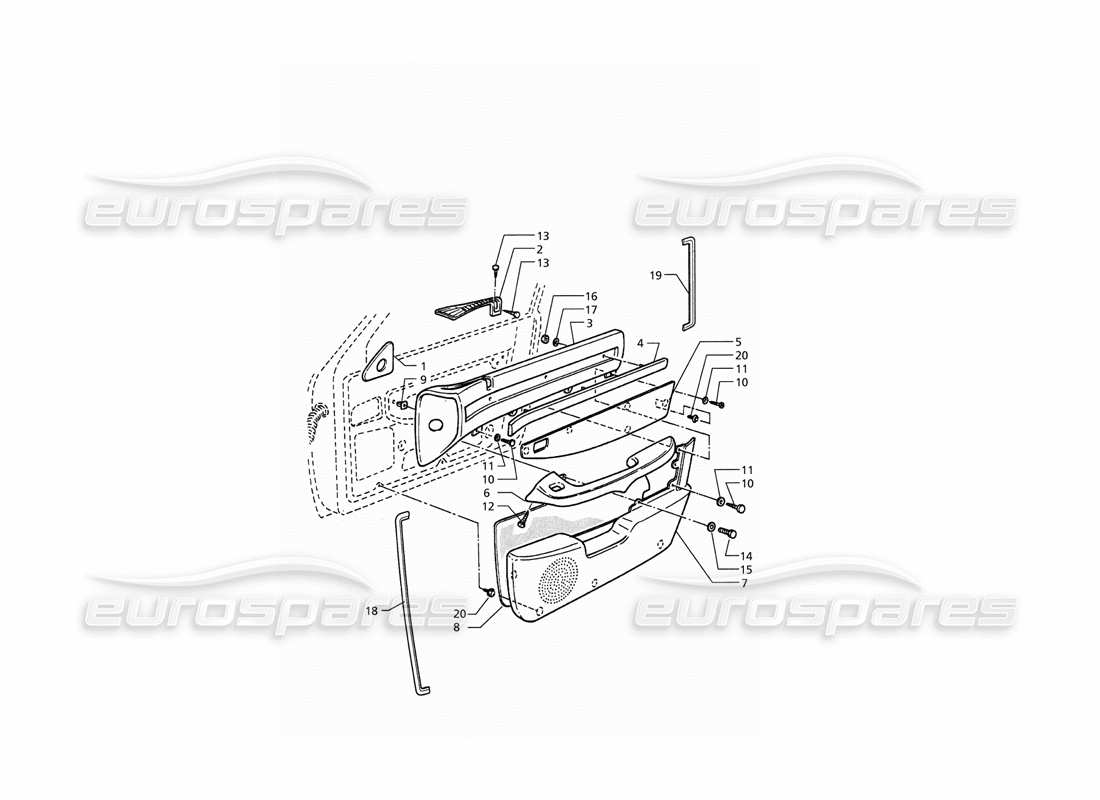 maserati qtp. 3.2 v8 (1999) rivestimenti interni: diagramma delle parti dei pannelli delle porte anteriori