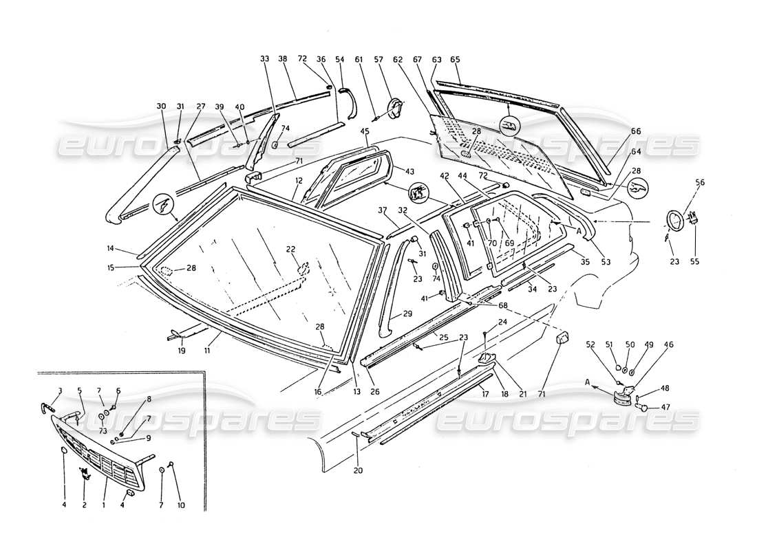 maserati biturbo 2.5 (1984) griglia del radiatore - finiture - schema delle parti dei vetri fissi