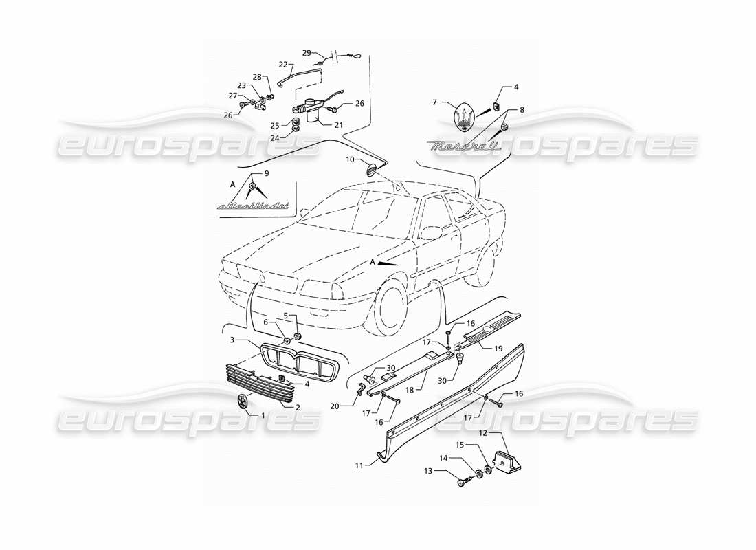 maserati qtp v8 (1998) finitura esterna - schema delle parti dei badge