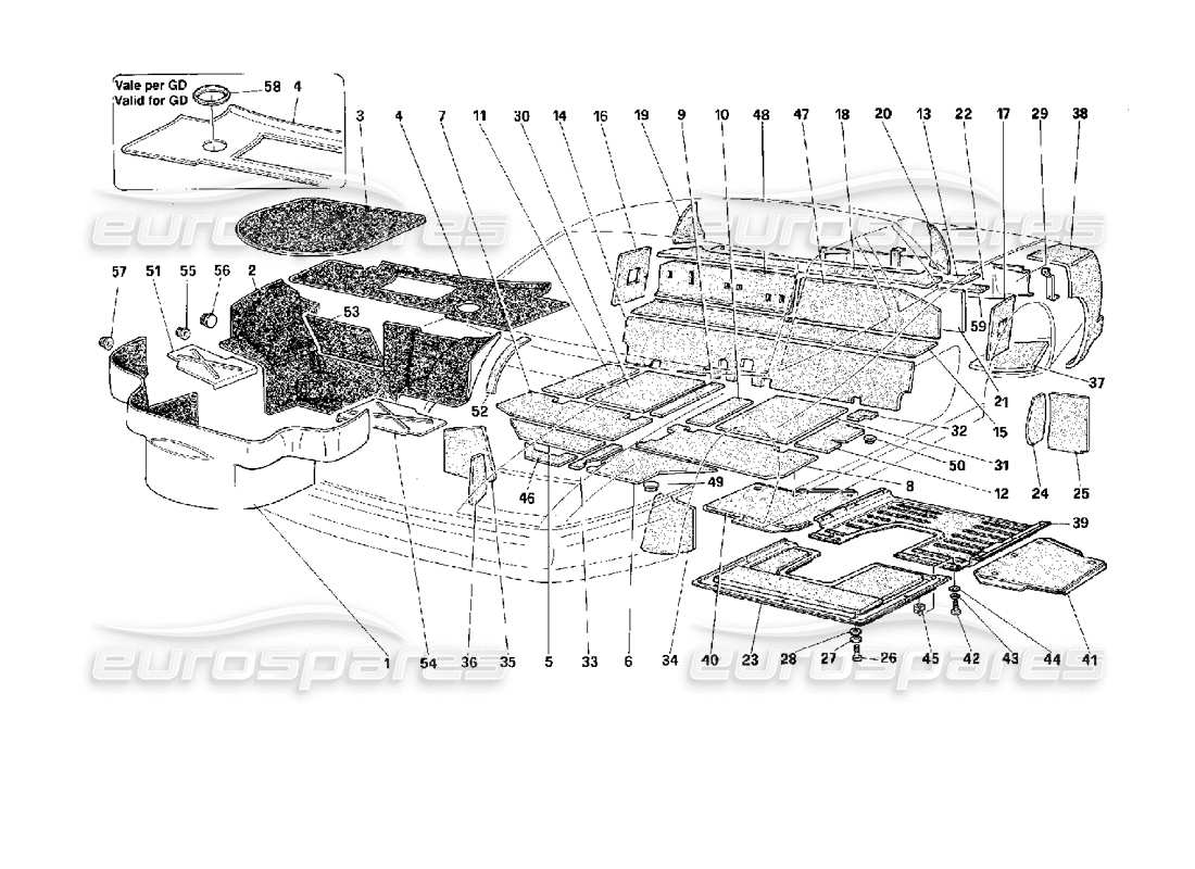 ferrari 512 tr schema delle parti della moquette del vano bagagli e dei pannelli isolanti