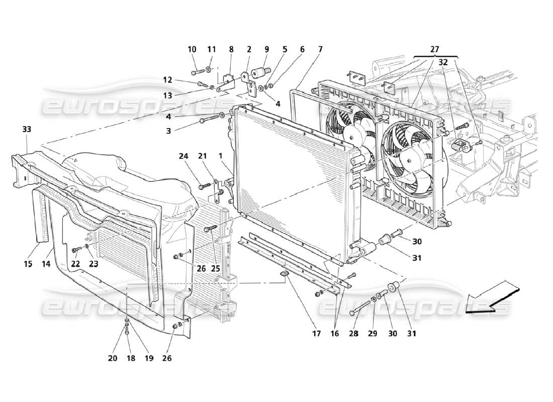 maserati qtp. (2006) 4.2 sistema di raffreddamento: diagramma delle parti di radiatori e convogliatori d'aria