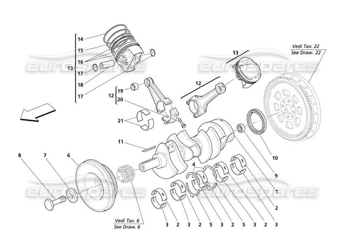 maserati 4200 gransport (2005) schema delle parti di bielle e pistoni dell'albero motore