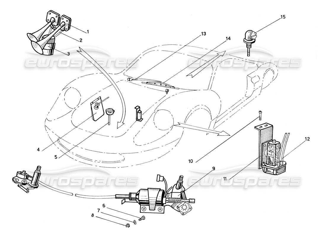 ferrari 206 gt dino (coachwork) schema delle parti del meccanismo tergicristallo, della borsa rondella e dei clacson