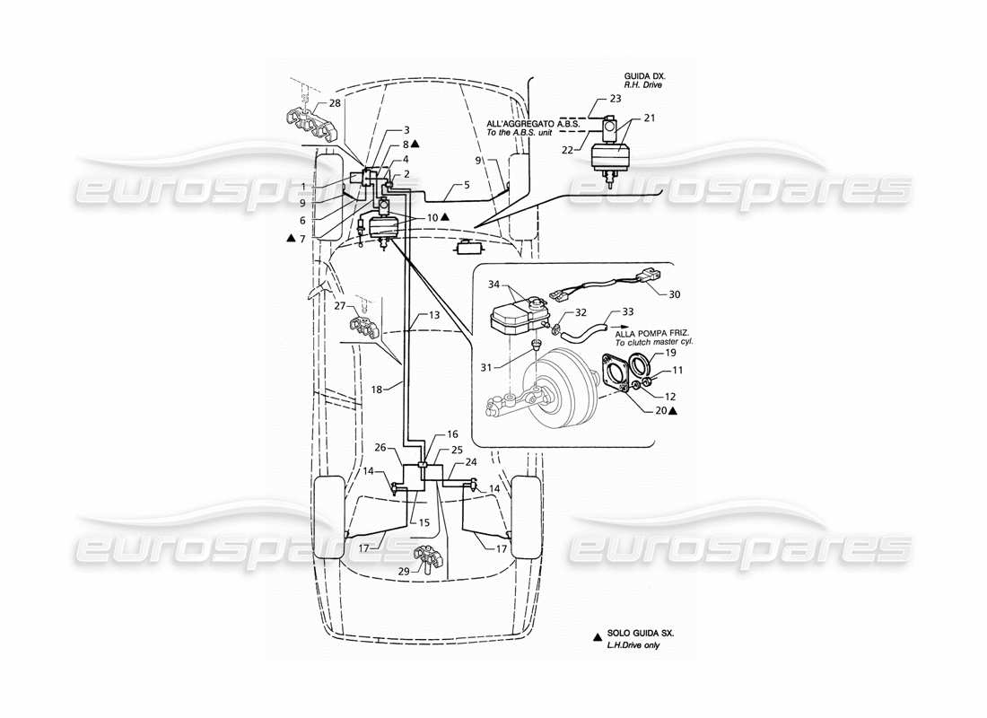 maserati qtp. 3.2 v8 (1999) diagramma delle parti delle linee dei freni idraulici abs