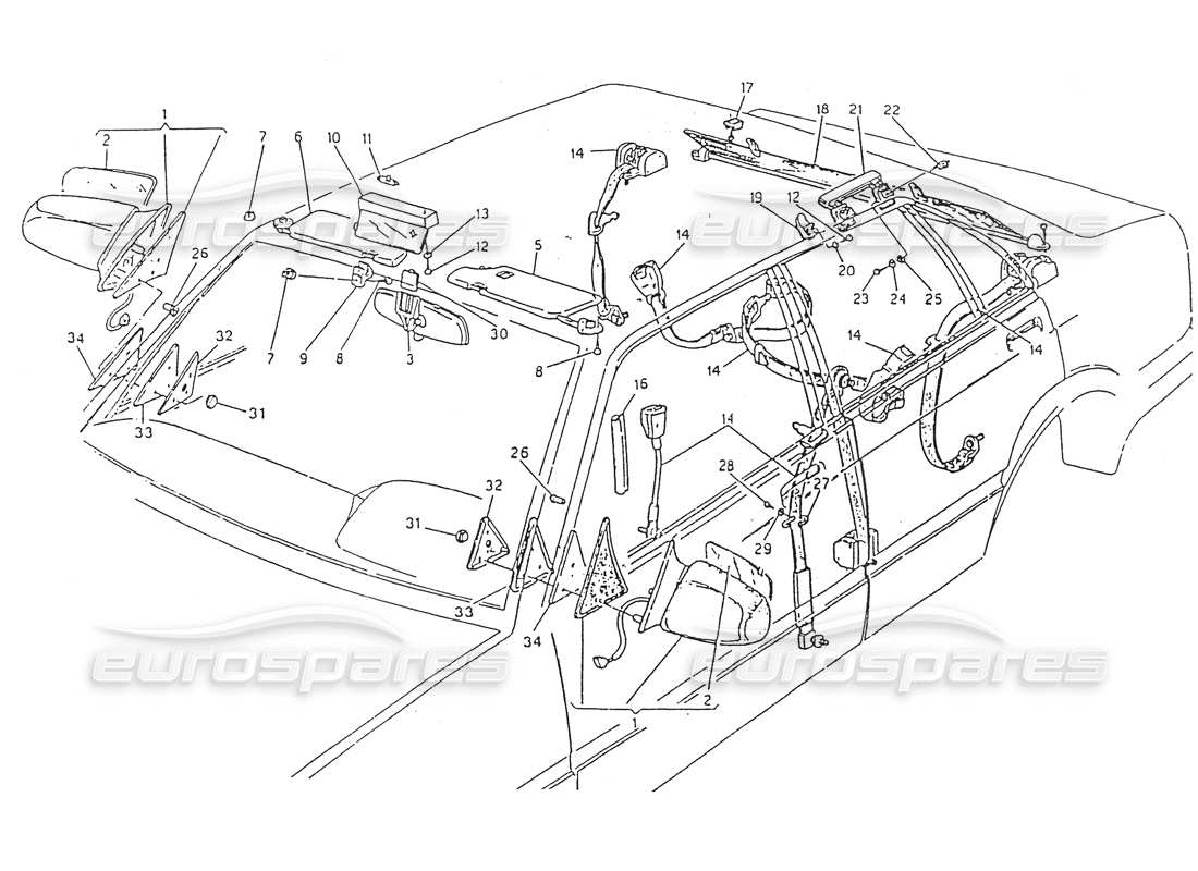maserati 418 / 4.24v / 430 schema delle parti cinture di sicurezza, specchietto retrovisore, visiera parasole