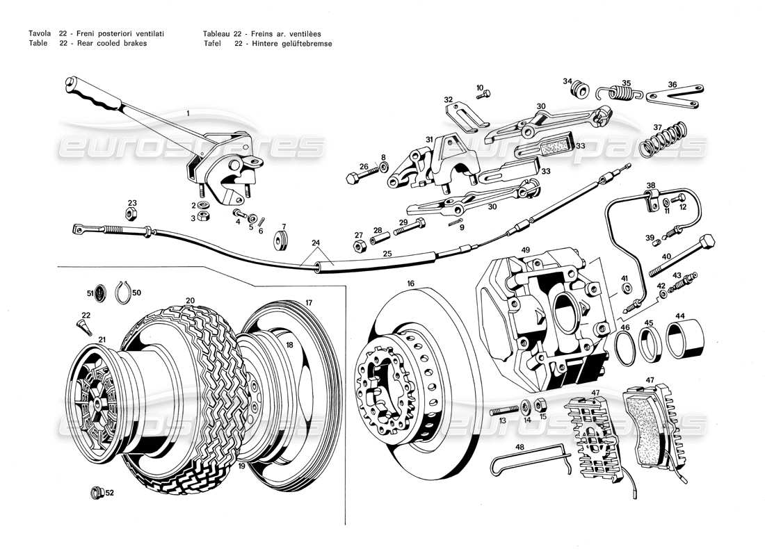 maserati merak 3.0 diagramma delle parti dei freni posteriori raffreddati