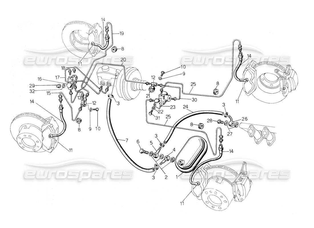 lamborghini countach 5000 qvi (1989) schema delle parti del sistema frenante