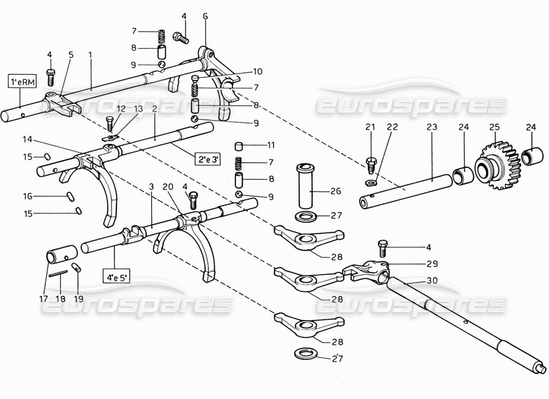 ferrari 206 gt dino (1969) diagramma delle parti dei controlli interni della scatola del cambio