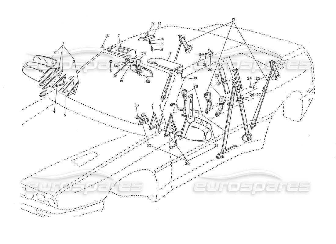 maserati ghibli 2.8 (non abs) schema delle parti di cinture di sicurezza, specchietto retrovisore, alette parasole