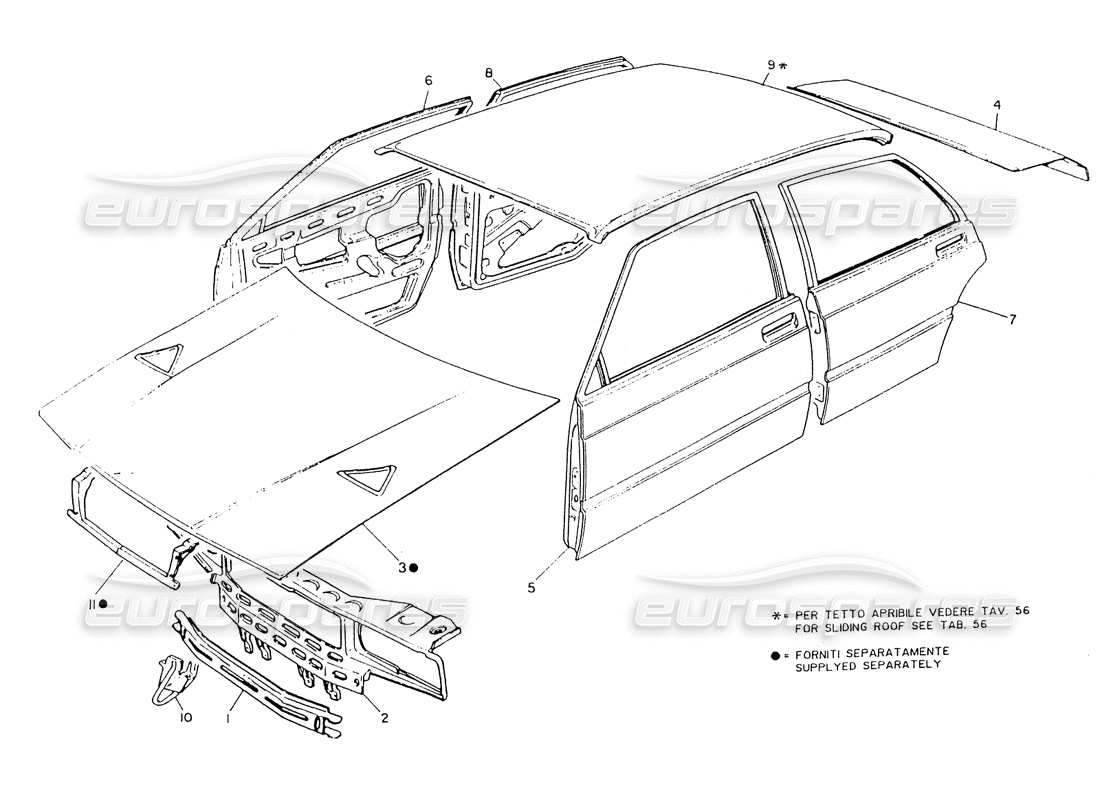 maserati 418 / 4.24v / 430 schema delle parti della carrozzeria: lato anteriore, tetto, porte, cofani