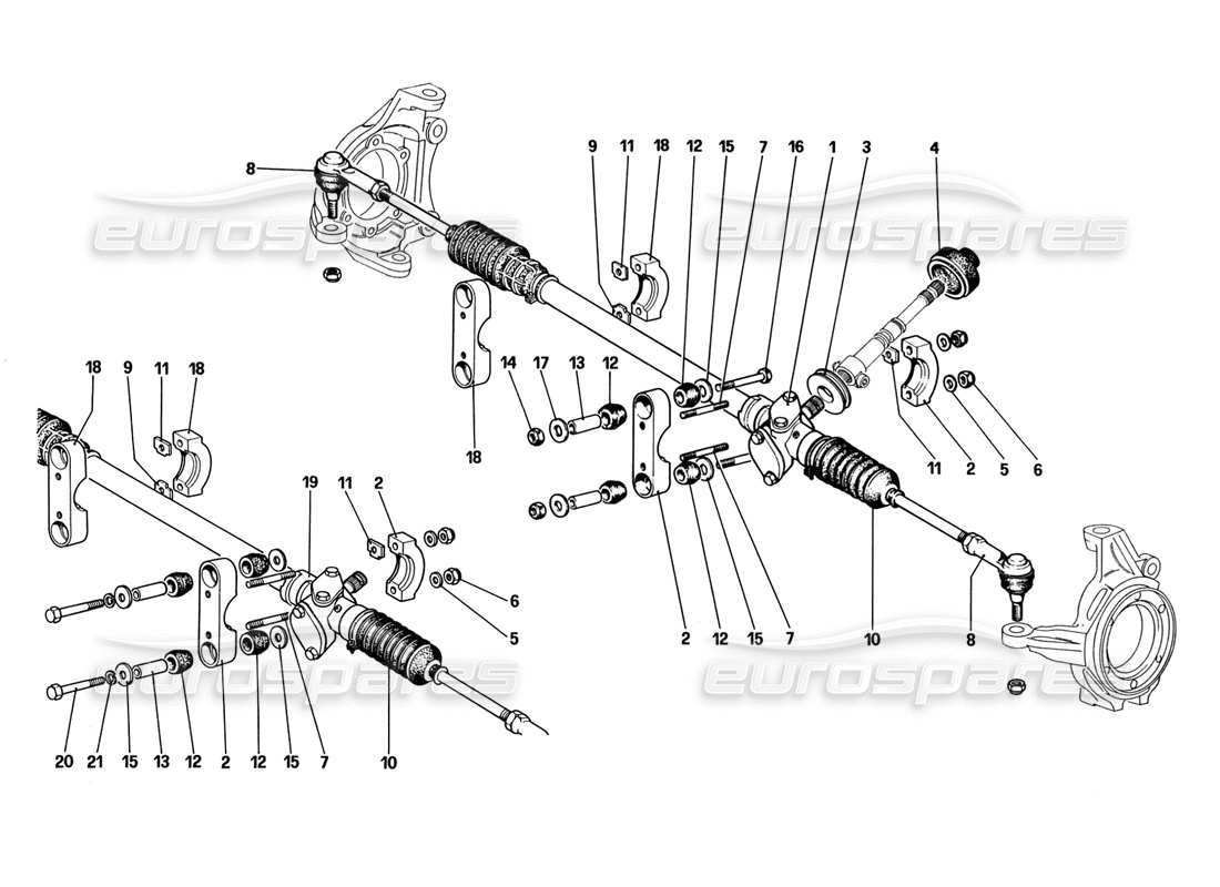ferrari 328 (1988) schema delle parti della scatola dello sterzo e del collegamento