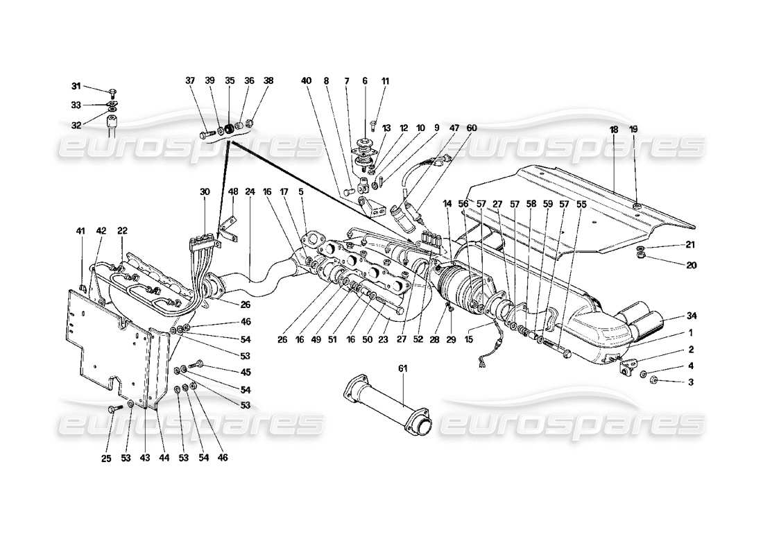 ferrari mondial 3.2 qv (1987) schema delle parti del sistema di scarico (per versione usa e sa).