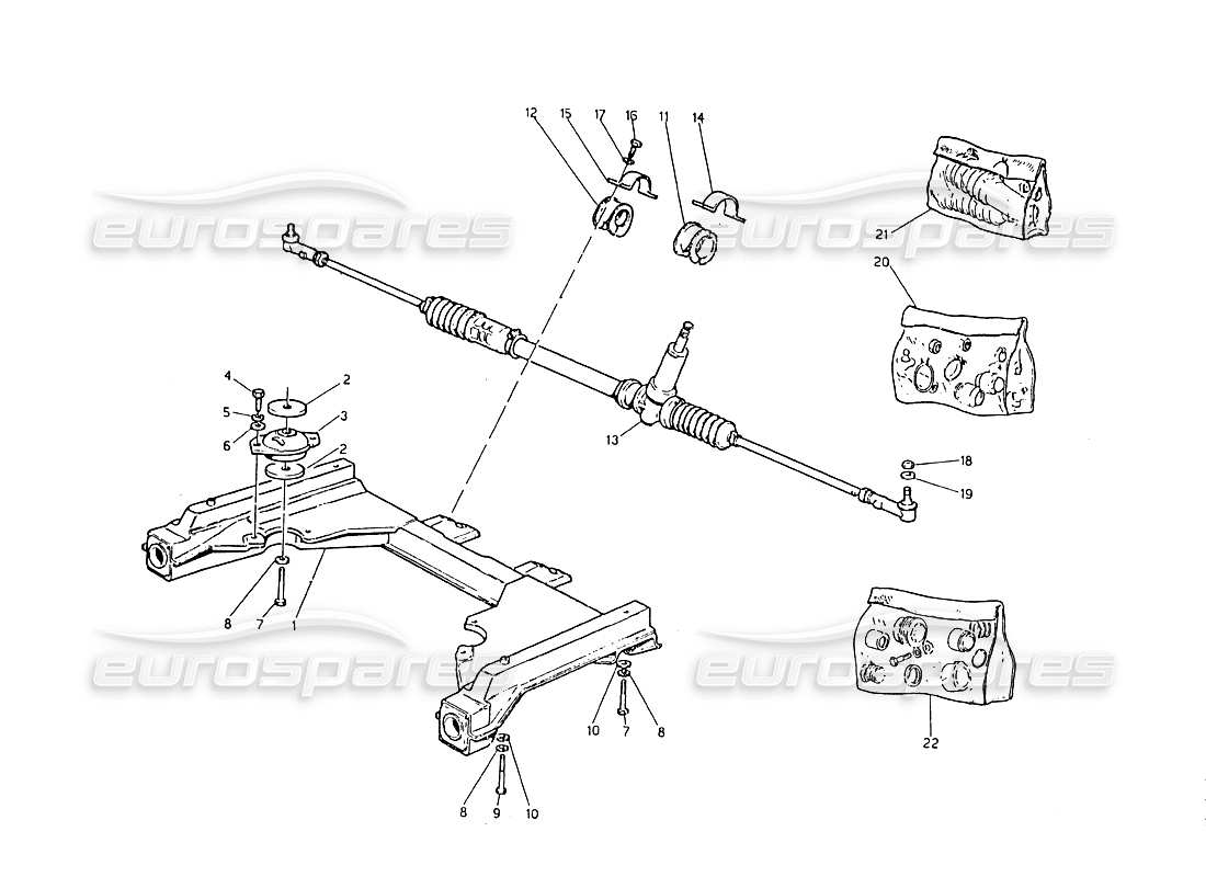 maserati biturbo 2.5 (1984) schema delle parti del sottotelaio anteriore e della scatola dello sterzo