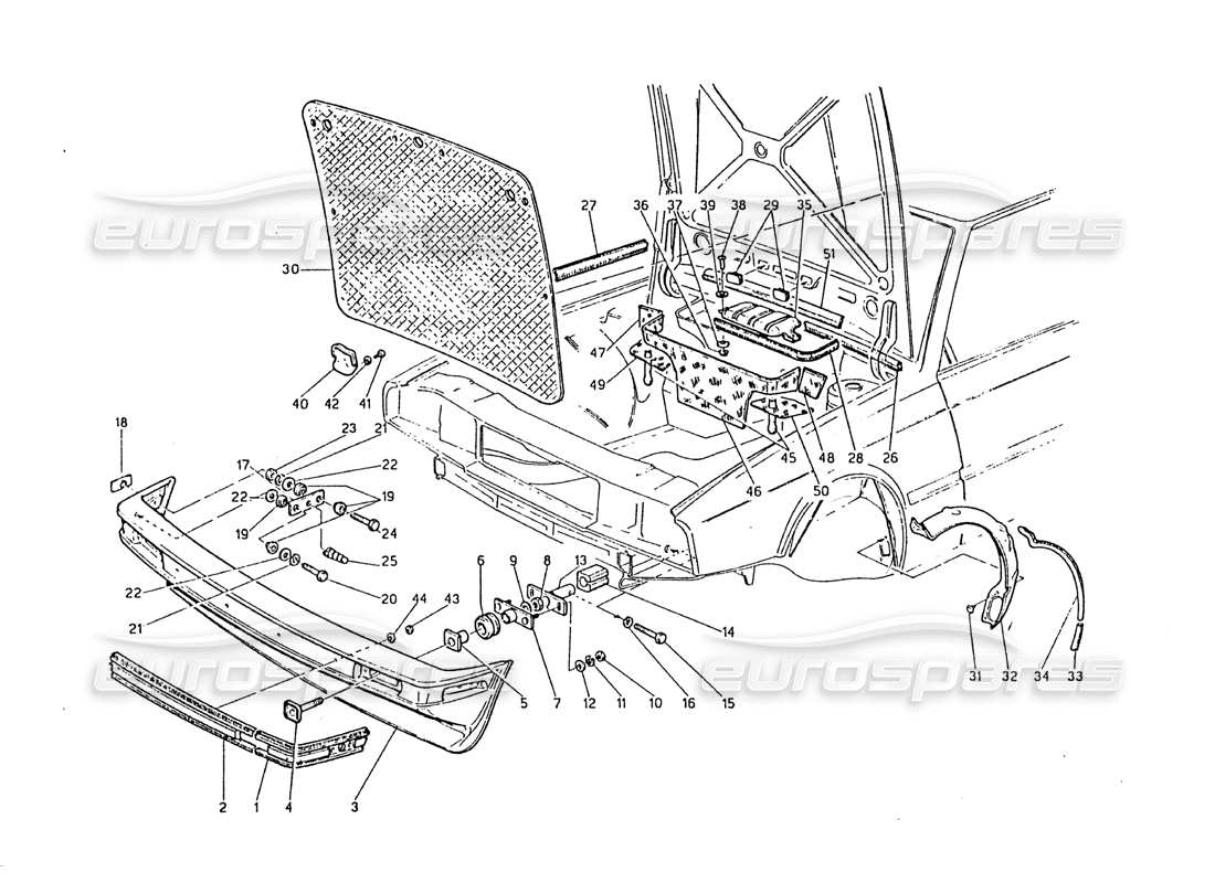 maserati biturbo 2.5 (1984) diagramma delle parti del paraurti anteriore e dei feltri insonorizzati