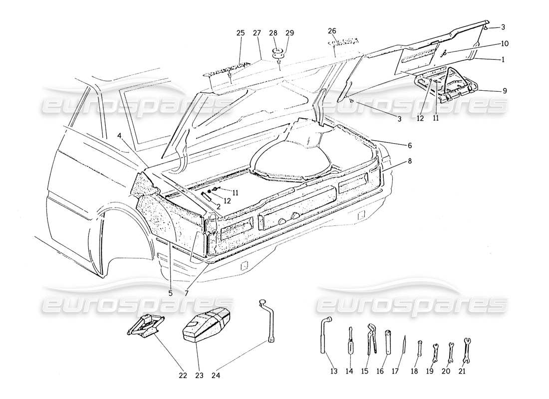 maserati karif 2.8 stivale: diagramma delle parti di badge, tappeti e strumenti