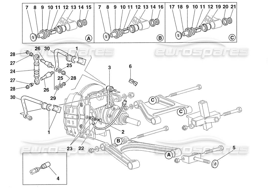 ferrari 355 challenge (1999) diagramma delle parti della sospensione posteriore e dei tubi freno