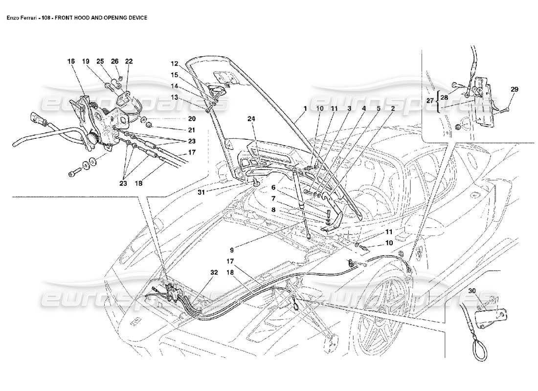 ferrari enzo schema delle parti del cofano anteriore e del dispositivo di apertura