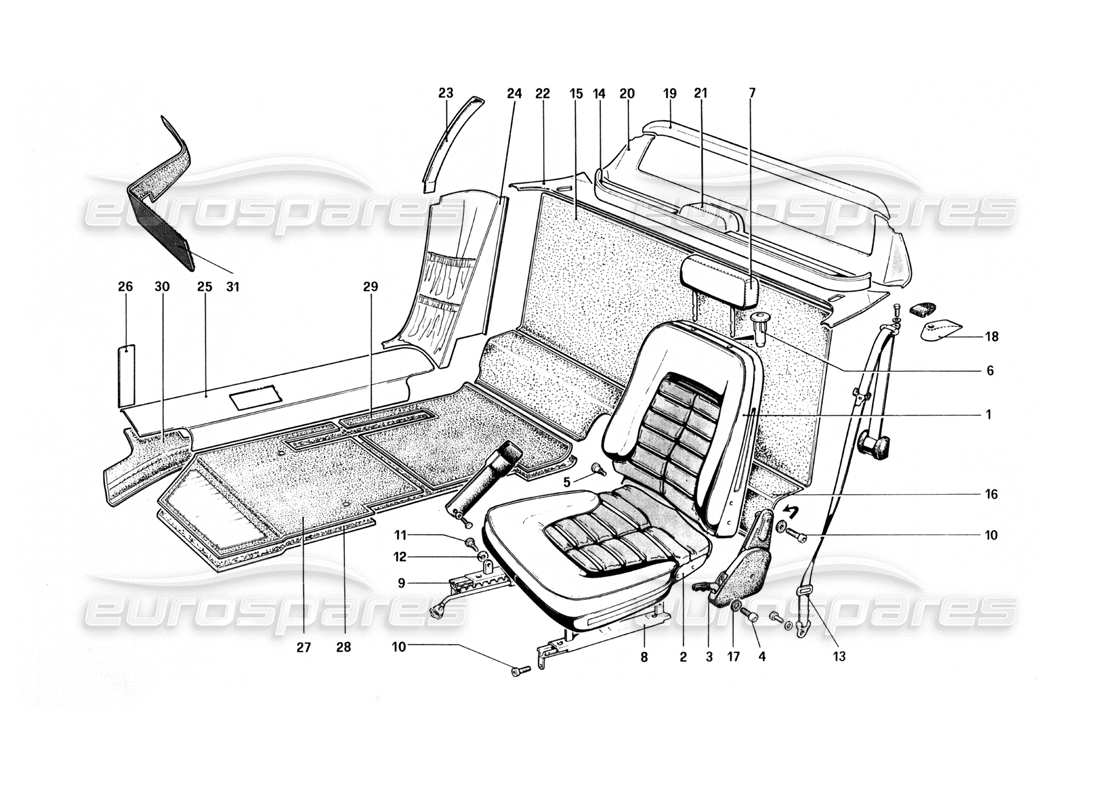 ferrari 512 bbi rivestimenti interni, accessori e sedili diagramma delle parti