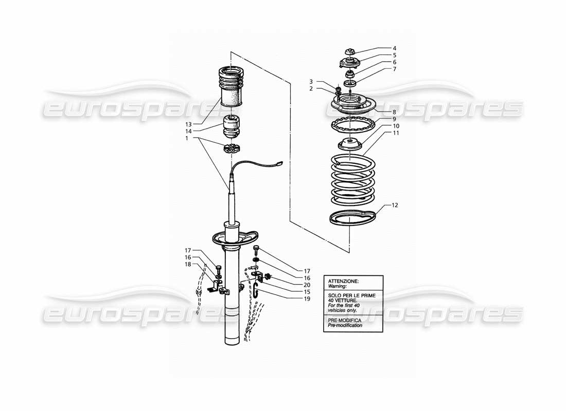 maserati qtp. 3.2 v8 (1999) schema delle parti dell'ammortizzatore anteriore (pre-modifica).