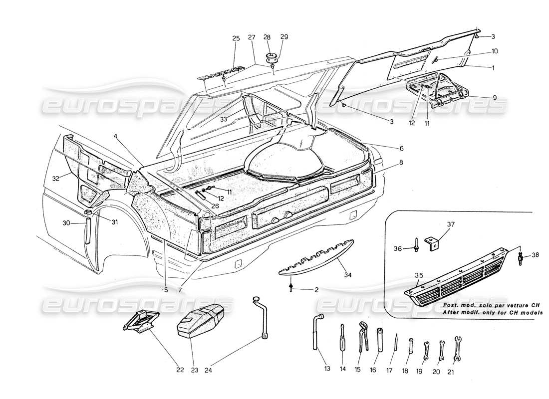 maserati biturbo spider stivale: diagramma delle parti di badge, tappeti e strumenti