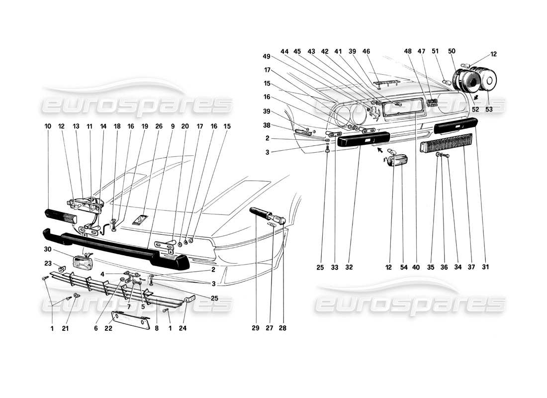 ferrari 208 turbo (1982) paraurti, modanature e luci esterne diagramma delle parti