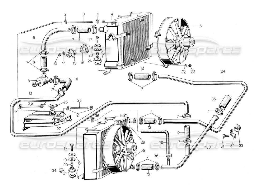 lamborghini countach 5000 s (1984) radiatore e sistema di raffreddamento diagramma delle parti