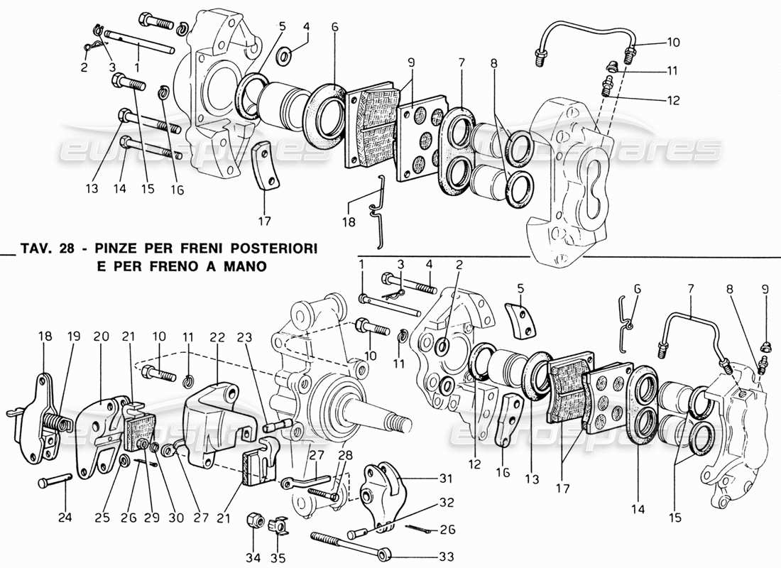 ferrari 206 gt dino (1969) schema delle parti del freno a mano e della pinza freno anteriore e posteriore