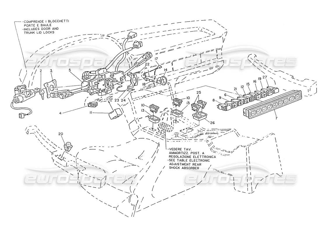 maserati ghibli 2.8 (non abs) interruttori e bloccasterzo antifurto diagramma delle parti