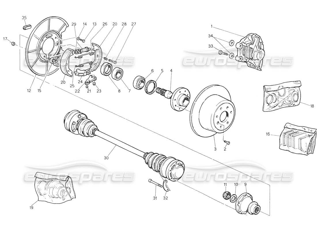 maserati biturbo spider mozzi, freni posteriori e alberi di trasmissione diagramma delle parti
